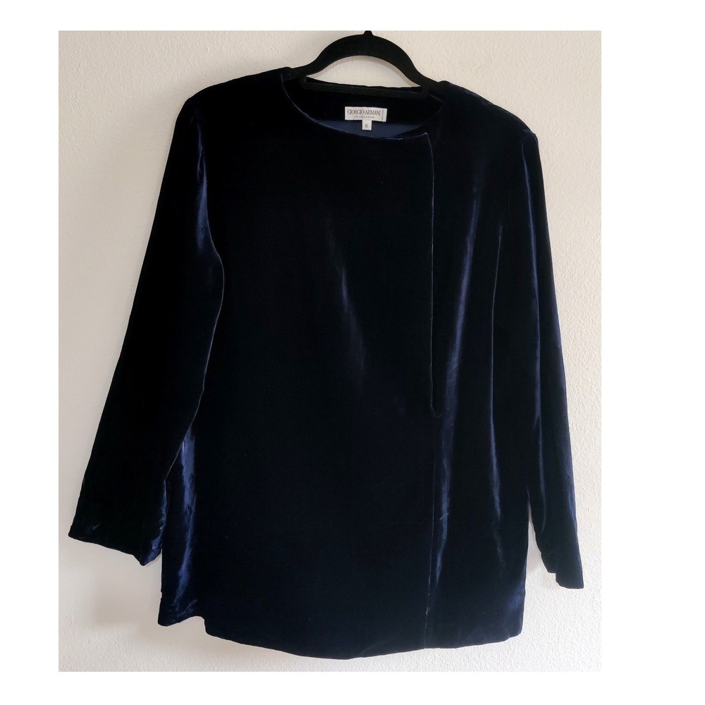Giorgio Armani Le Collezioni Navy Blue Velvet Long Sleeve Blouse Top 6 luxury
